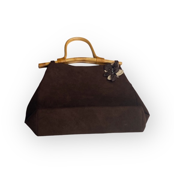90’s: Julie Brown ꕥ Bamboo Boho Top Handle Satchel Bag ꕥ Chocolate Micro Suede ꕥ - Picture 12 of 16